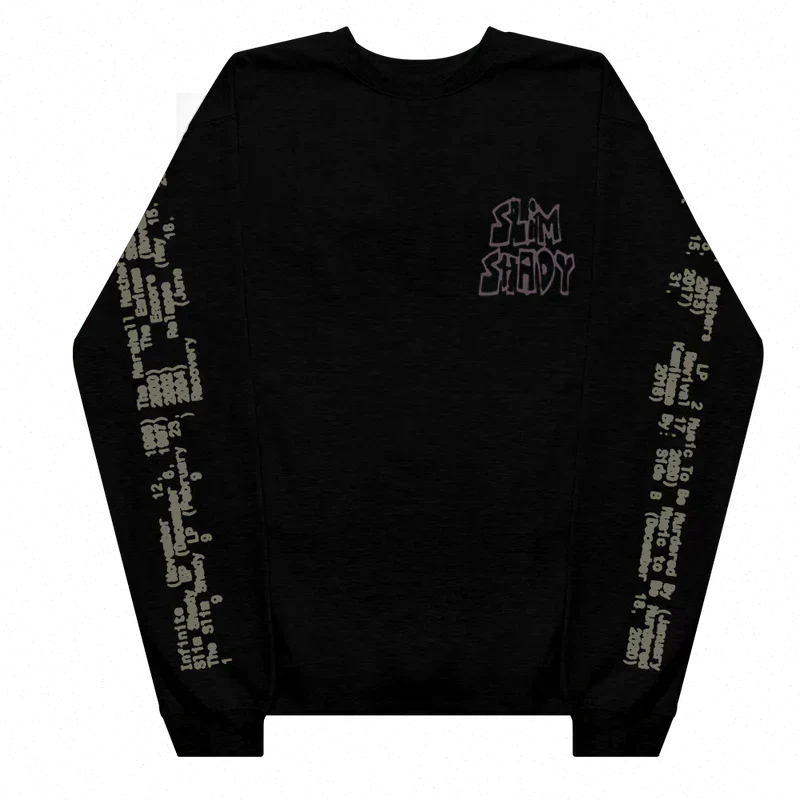 Front of the black Eminem Graffiti Slim crewneck with tonal Slim Shady chest print