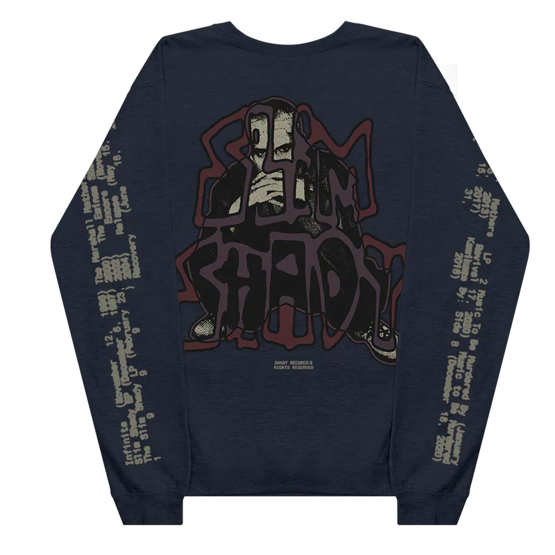 Back of the navy Eminem Graffiti Slim crewneck with the red Slim Shady graffiti tag