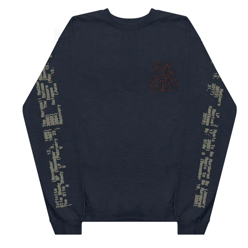 Front of the navy Eminem Graffiti Slim crewneck with small tonal chest print