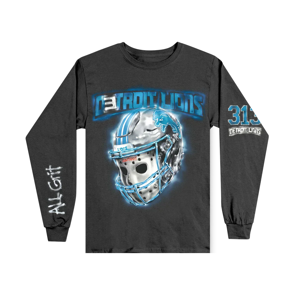 Eminem x Detroit Lions All Grit long sleeve shirt flat lay with helmet graphic and 313 sleeve print