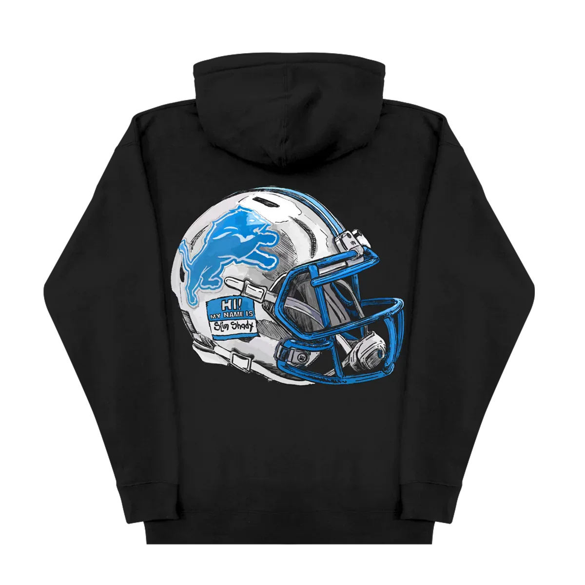 Back of the black Eminem x Detroit Lions hoodie with the large chrome Lions helmet graphic