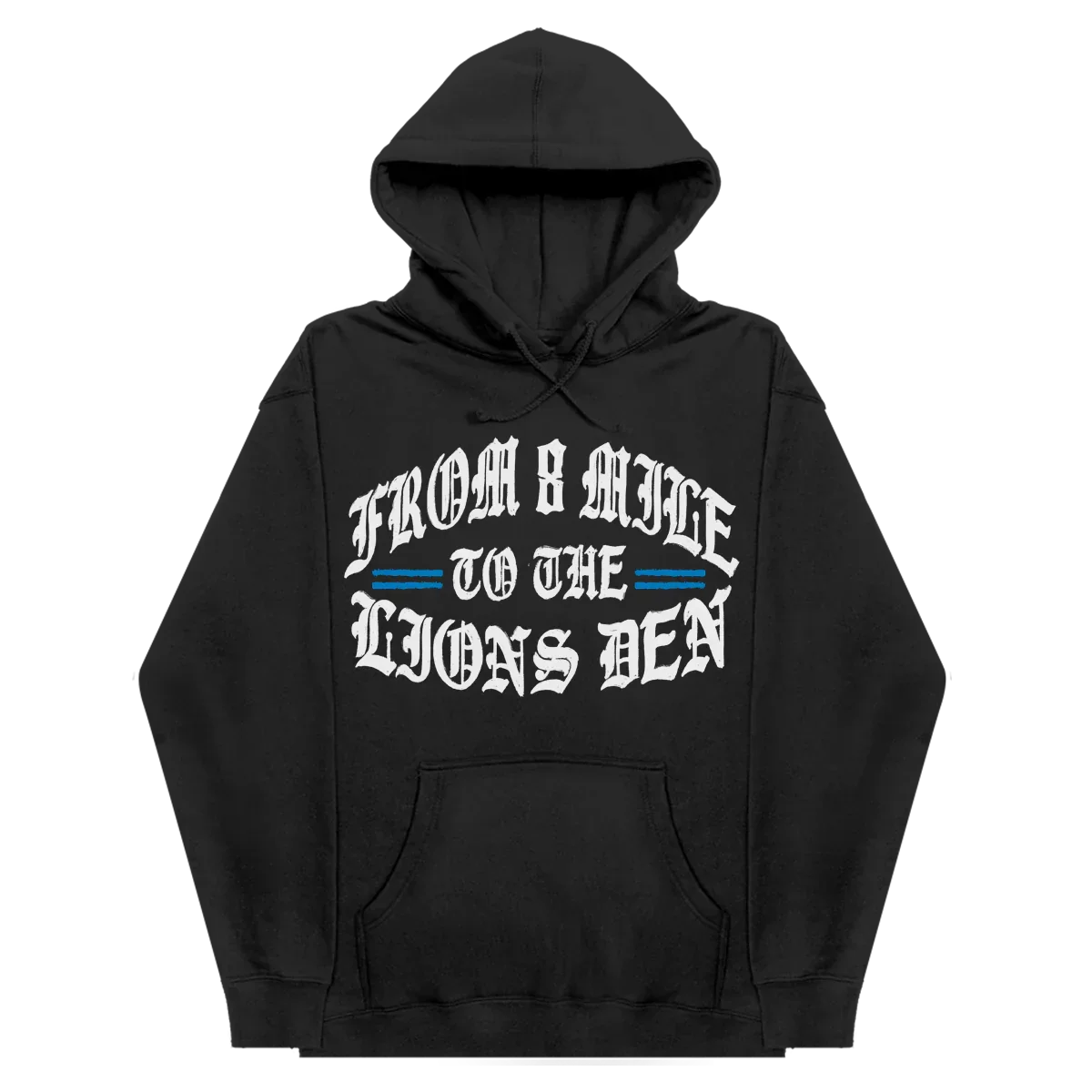 Front of the black Eminem x Detroit Lions hoodie reading From 8 Mile To The Lions Den