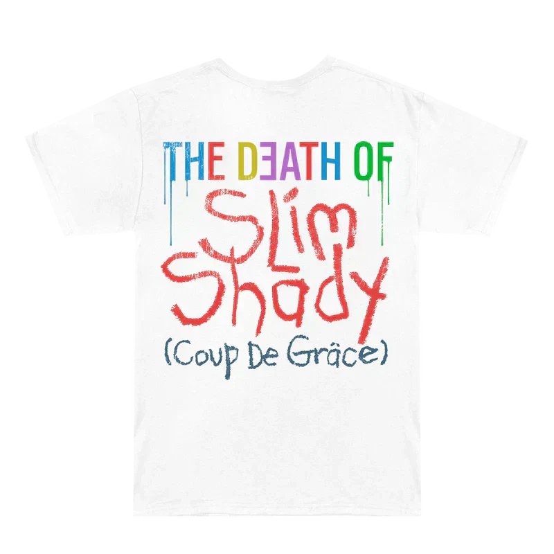 Back of the white Eminem TDOSS T-shirt with colourful Death of Slim Shady drip type