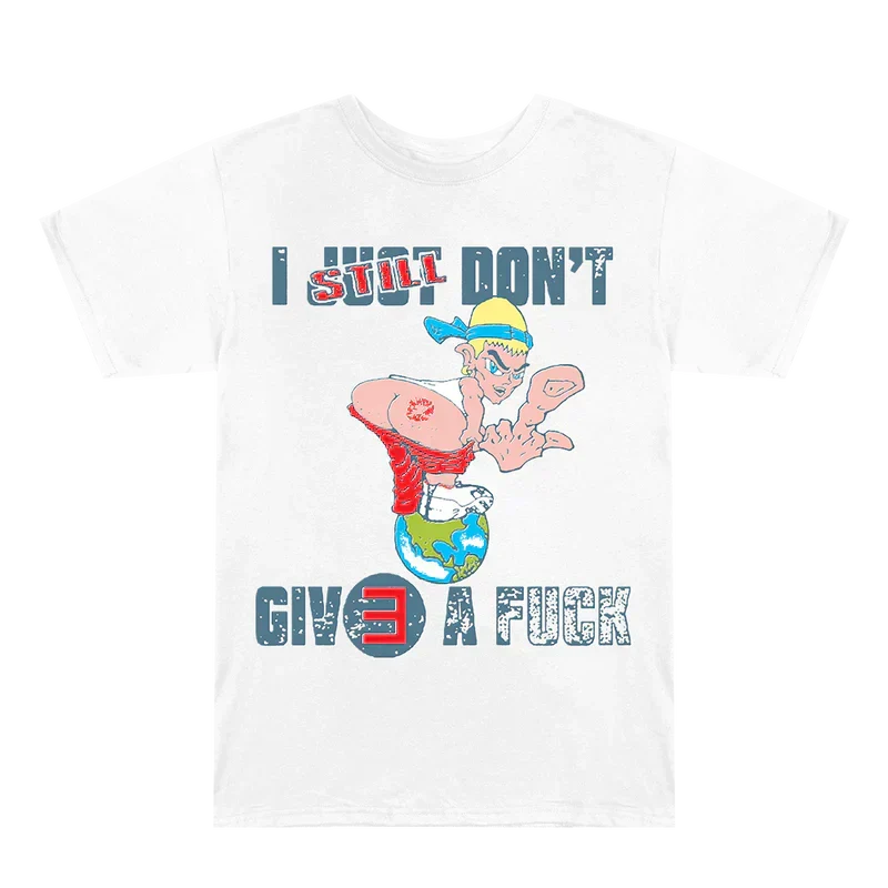 Front of the white Eminem TDOSS ISDGAF T-shirt with cartoon and I Just Don't lettering