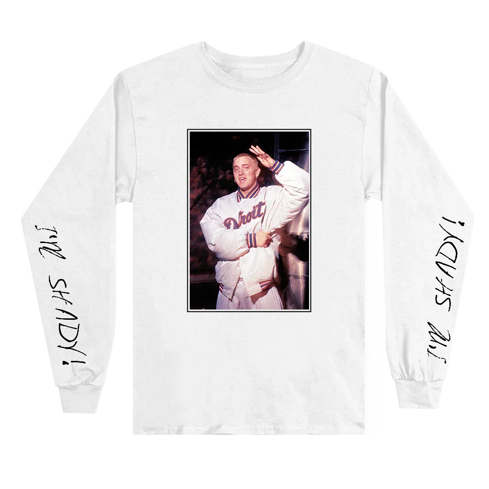 White Eminem I'm Shady 1999 long sleeve flat lay with photo print and script sleeve text