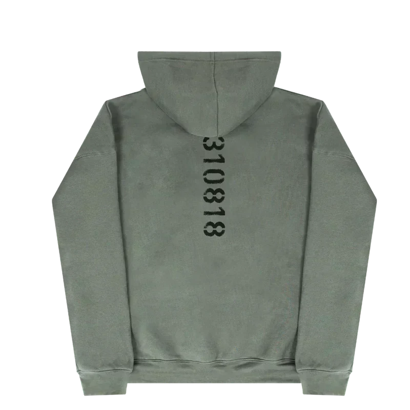 Olive green Eminem Kamikaze hoodie back flat lay with the vertical 310818 date print