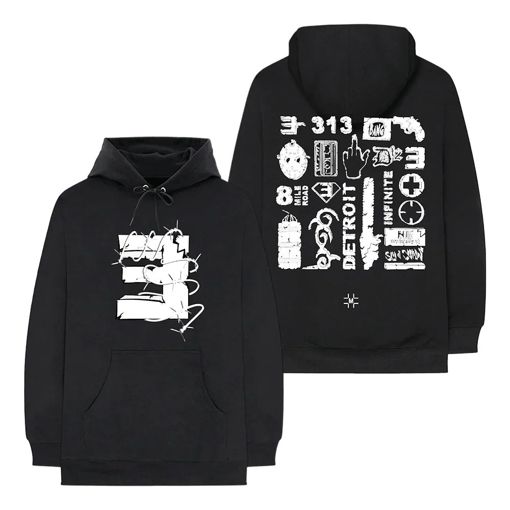 Millinsky x Eminem Concrete Composition hoodie in black, front and back flat lay