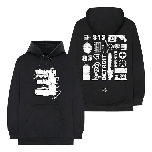 Millinsky x Eminem Concrete Composition hoodie in black, front and back flat lay