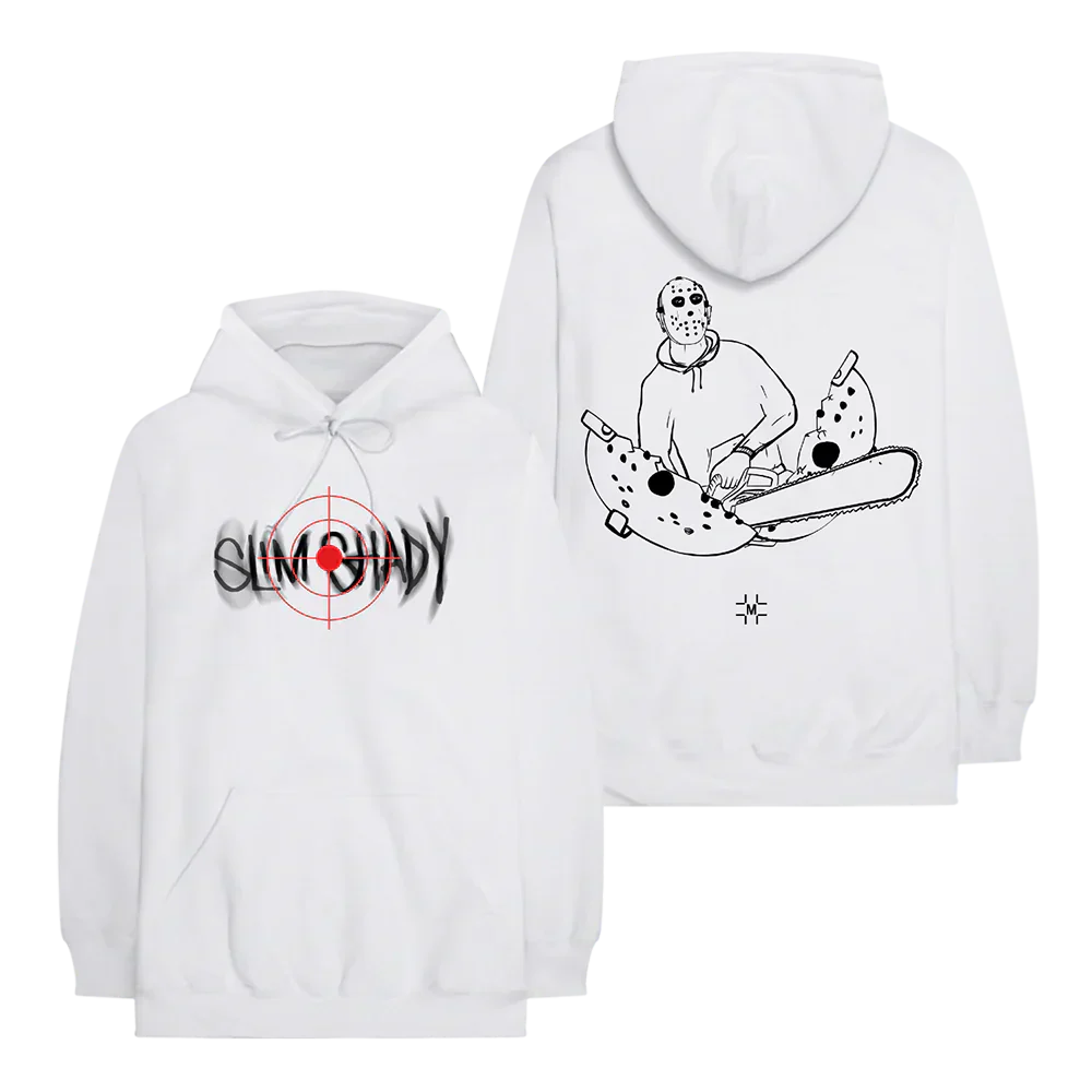 Millinsky x Eminem Mask + Saw hoodie in white with target logo front and chainsaw back print