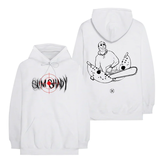 Millinsky x Eminem Mask + Saw hoodie in white with target logo front and chainsaw back print