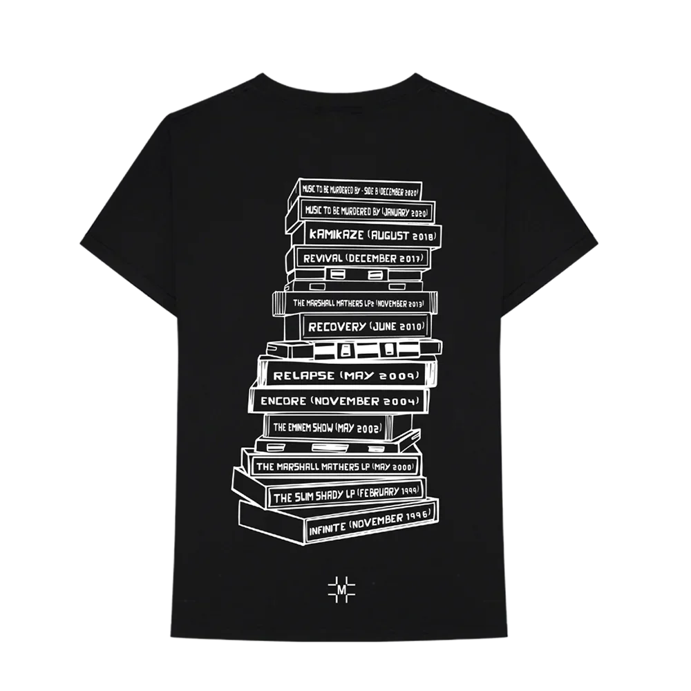 Back of the black Millinsky x Eminem Tape Stack T-shirt with stacked cassette tapes graphic