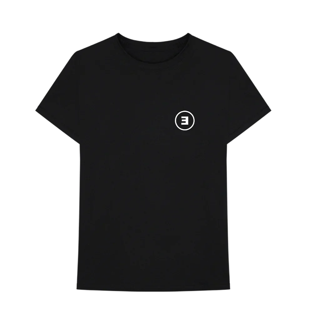 Front of the black Millinsky x Eminem Tape Stack T-shirt with small E logo chest print