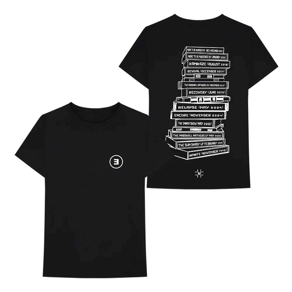 Millinsky x Eminem Tape Stack T-shirt in black, front and back flat lay with cassette artwork