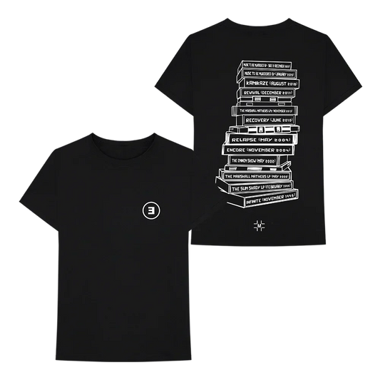 Millinsky x Eminem Tape Stack T-shirt in black, front and back flat lay with cassette artwork