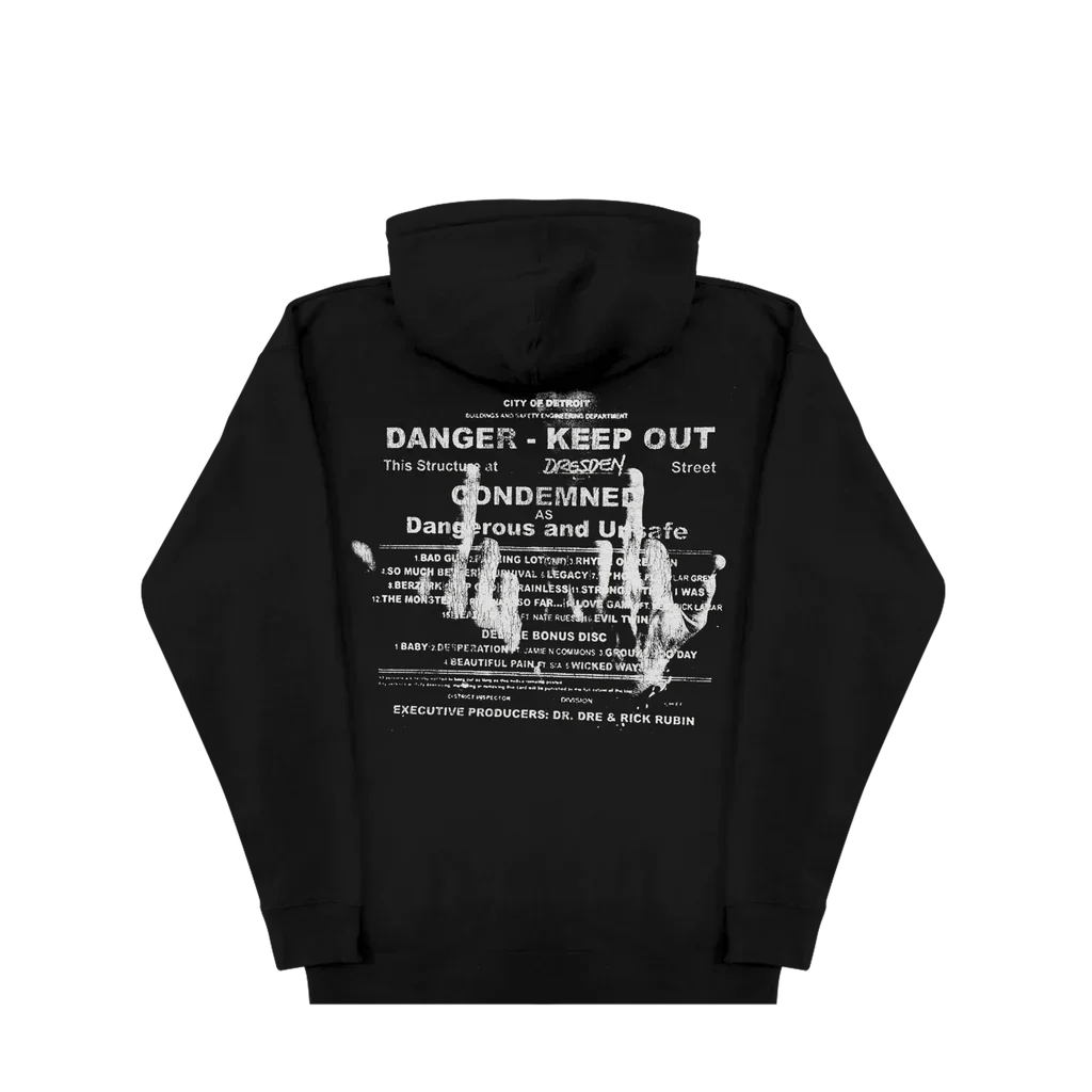 Back of the black Eminem MMLP2 Condemned hoodie with Danger Keep Out artwork