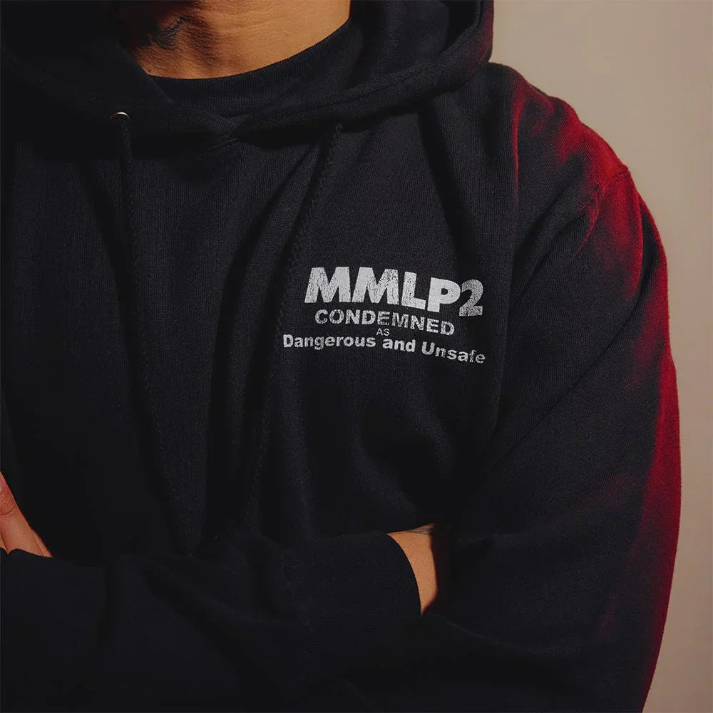 Chest print detail reading MMLP2 Condemned on the black Eminem hoodie