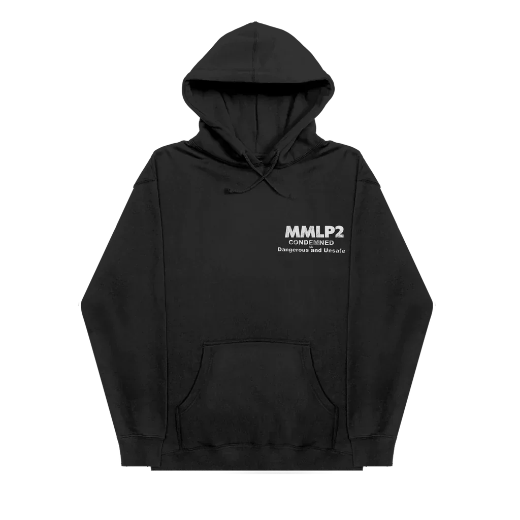 Front of the black Eminem MMLP2 Condemned hoodie with small white chest print