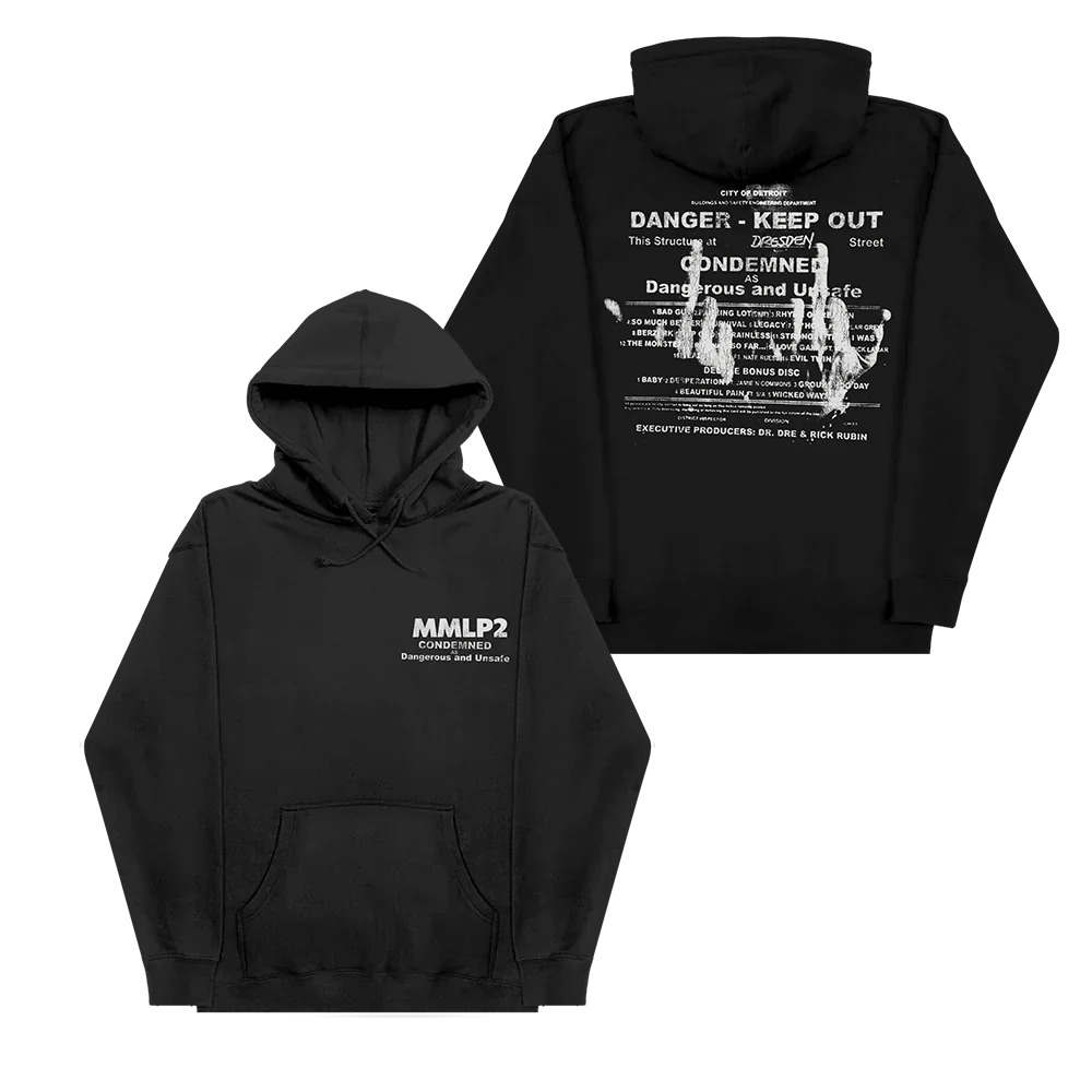 Black Eminem MMLP2 Condemned hoodie front and back flat lay with condemned house art