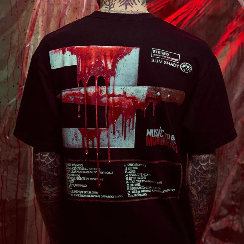 Back print detail of the Eminem MTBMB 5 Year Anniversary T-shirt with red drip graphic