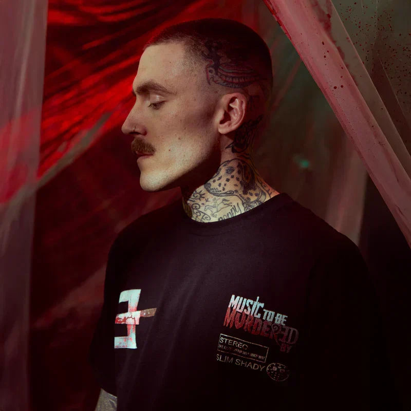 Chest print detail on the black Eminem Music To Be Murdered By anniversary T-shirt