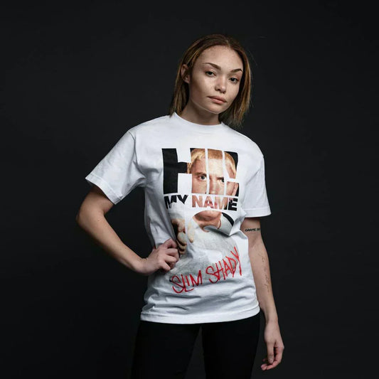 Woman wearing the white Eminem My Name Is photo typography T-shirt