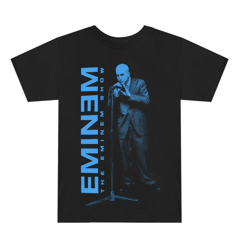 Black Eminem Show On The Mic T-shirt flat lay, blue-toned mic photo and vertical Eminem logo