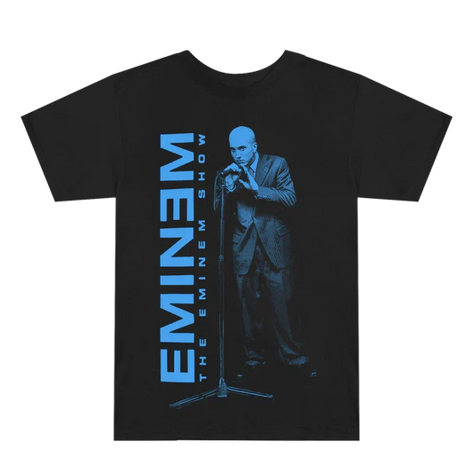 Black Eminem Show On The Mic T-shirt flat lay, blue-toned mic photo and vertical Eminem logo