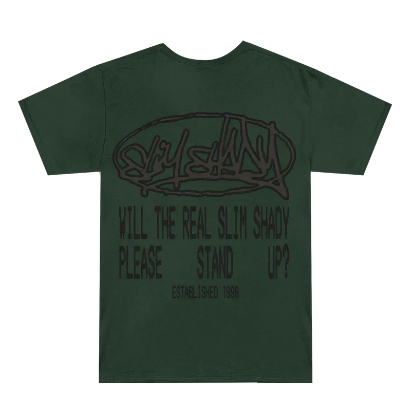 Green Eminem Plz Stand T-shirt back flat lay reading Will The Real Slim Shady Please Stand Up