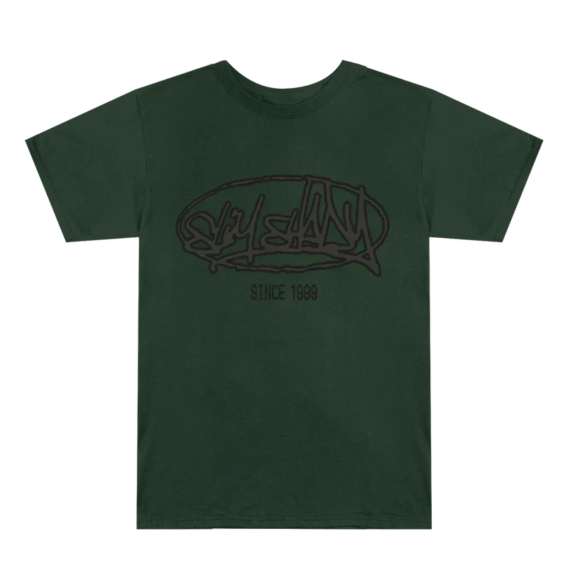 Front of the green Eminem Plz Stand T-shirt with Slim Shady graffiti tag and Since 1999