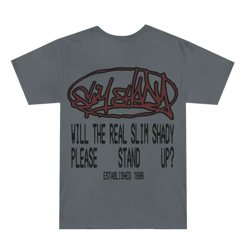 Back of the grey Eminem Plz Stand T-shirt reading Will The Real Slim Shady Please Stand Up