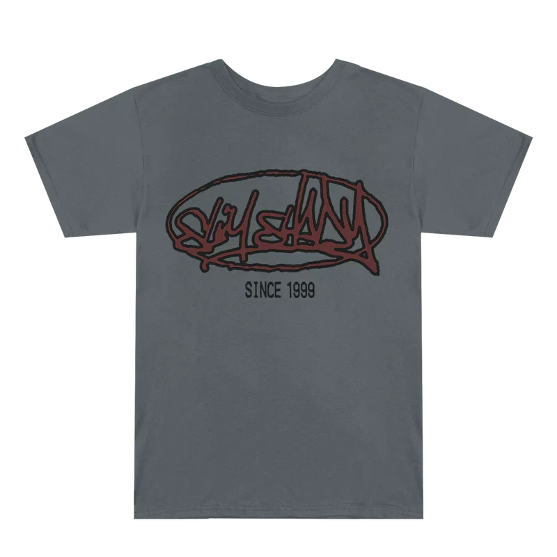 Front of the grey Eminem Plz Stand T-shirt with red Slim Shady graffiti tag