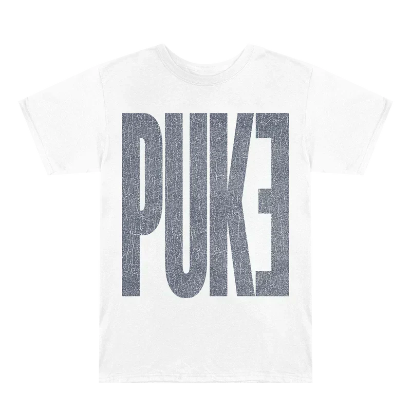 White Eminem Encore PUKE T-shirt flat lay with large distressed PUKE lettering