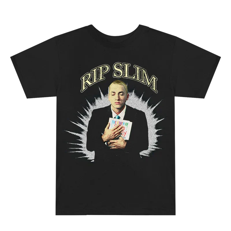 Black Eminem RIP Slim T-shirt flat lay with green RIP Slim lettering and portrait print