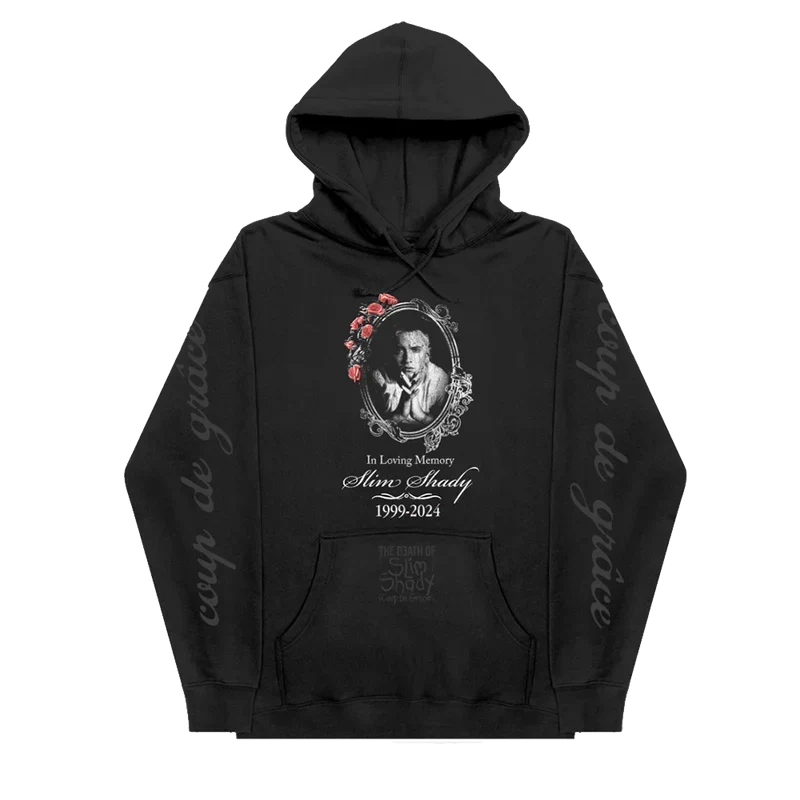 Black Eminem TDOSS In Loving Memory hoodie flat lay with rose memorial graphic