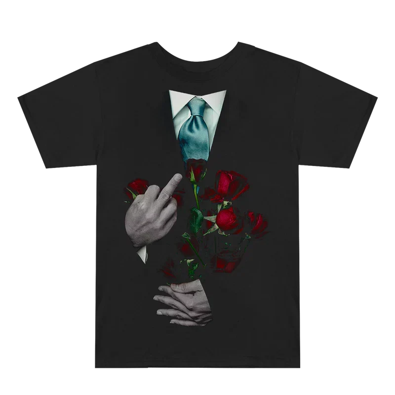 Front of the black Eminem TDOSS T-shirt with gloved hand and red roses artwork