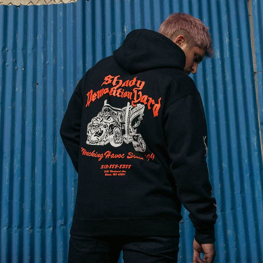 Back of the black Eminem Shady Demolition Barbed Wire hoodie with red tow truck graphic
