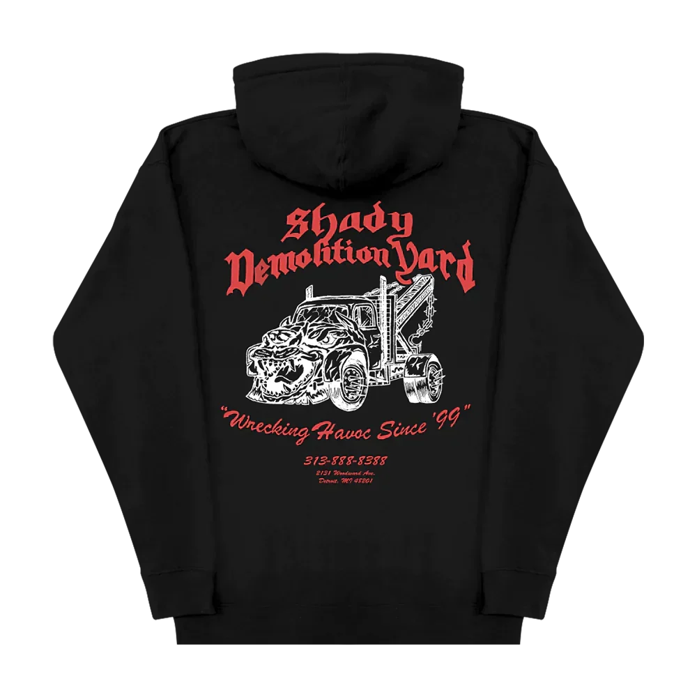 Back of the black Eminem Shady Demolition Yard hoodie with red tow truck artwork