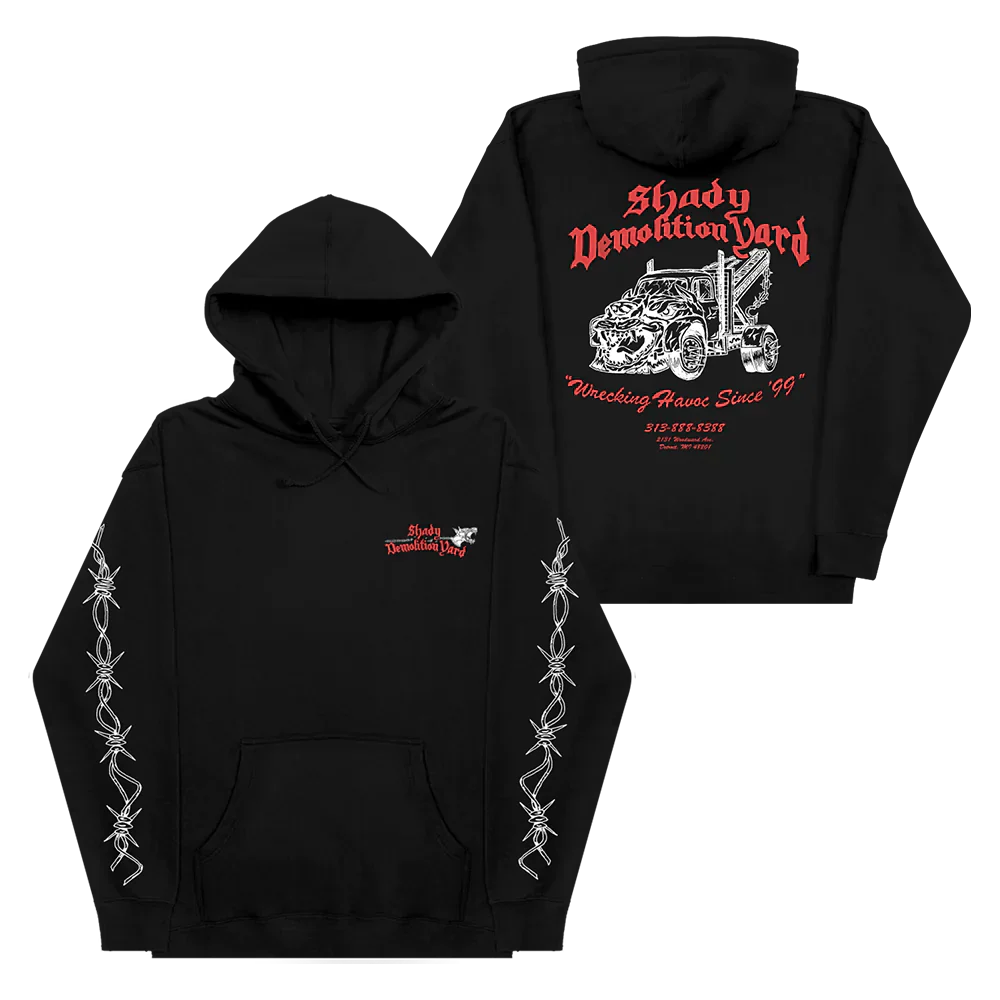 Black Eminem Shady Demolition hoodie front and back flat lay with barbed wire sleeves