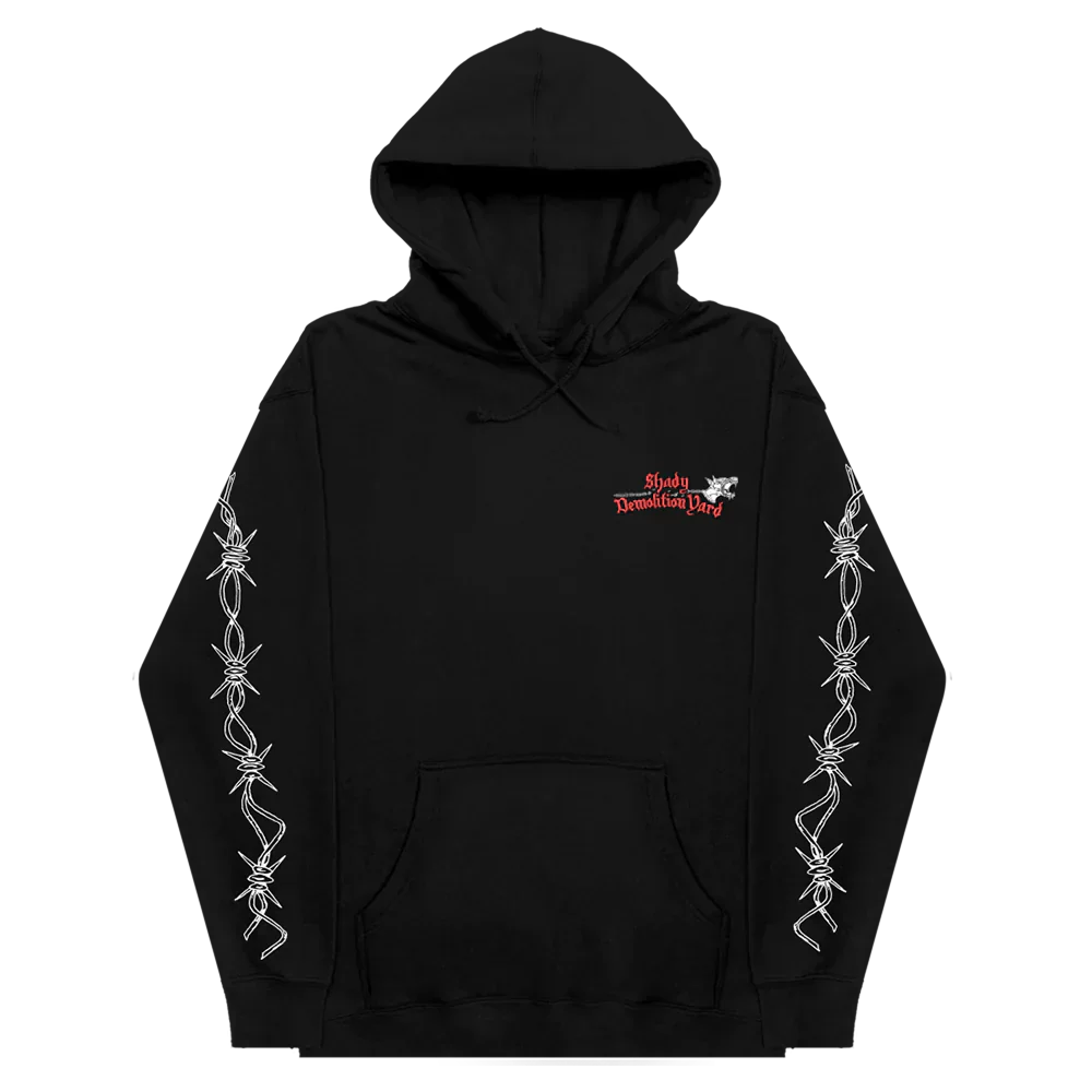 Front of the black Eminem Shady Demolition hoodie with barbed wire sleeve prints