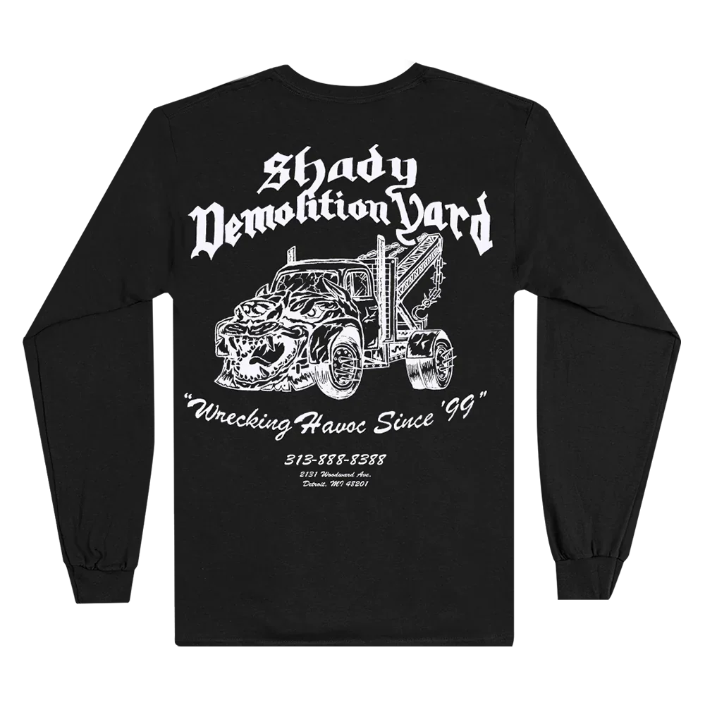 Back of the black Eminem Shady Demolition Yard long sleeve with tow truck line art