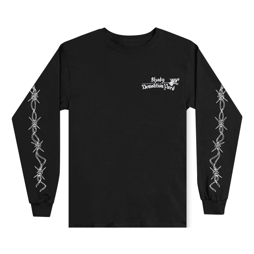 Front of the black Eminem Shady Demolition long sleeve with barbed wire sleeve prints