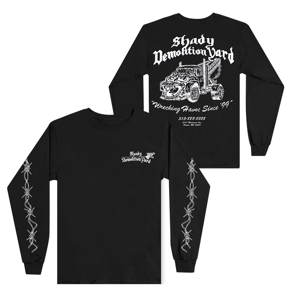Black Eminem Shady Demolition Barbed Wire long sleeve front and back flat lay