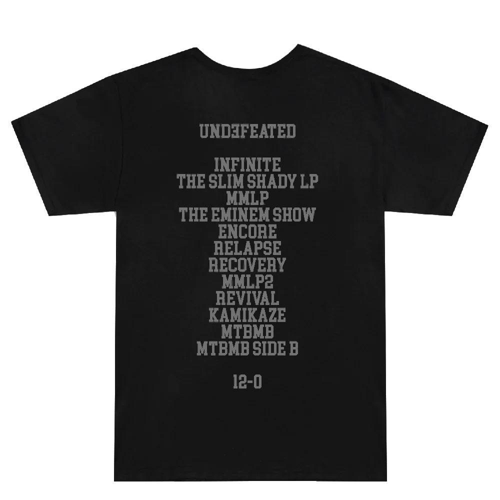 Back of the black Eminem Shady Football T-shirt with Undefeated 12-0 album list