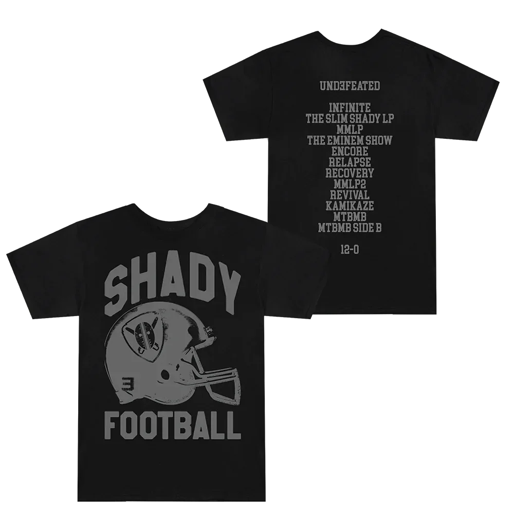 Black Eminem Shady Football T-shirt front and back flat lay with helmet and album list
