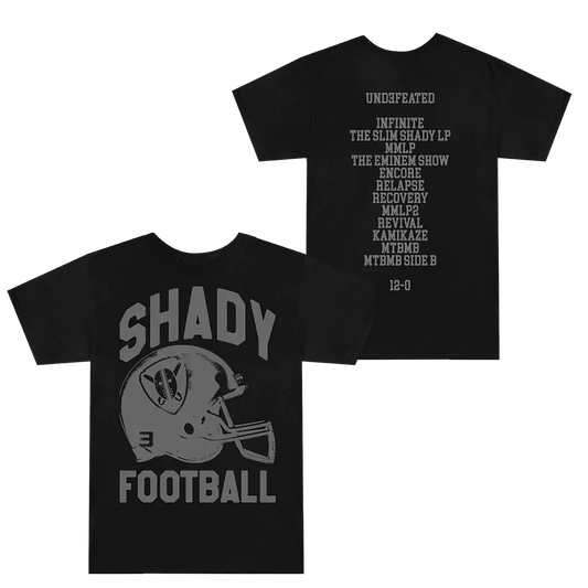 Black Eminem Shady Football T-shirt front and back flat lay with helmet and album list