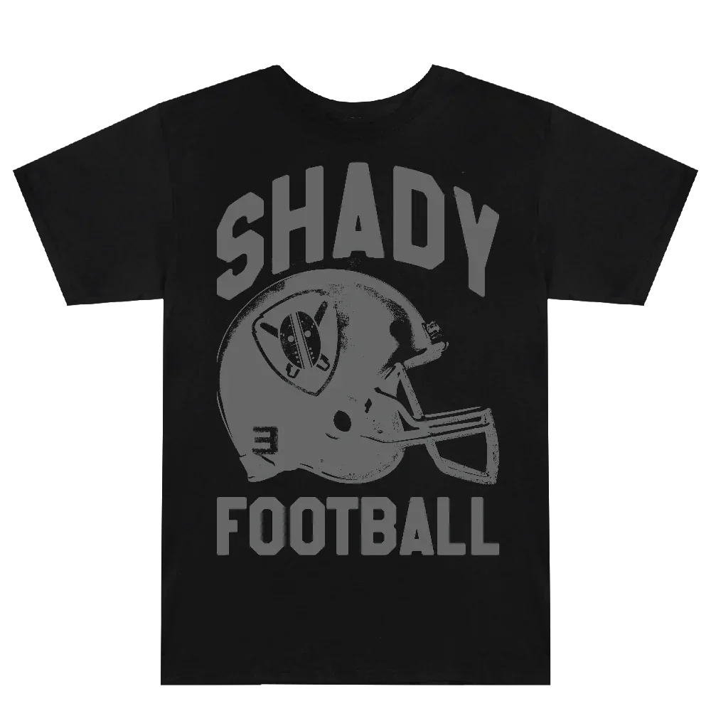 Front of the black Eminem Shady Football T-shirt with grey helmet graphic
