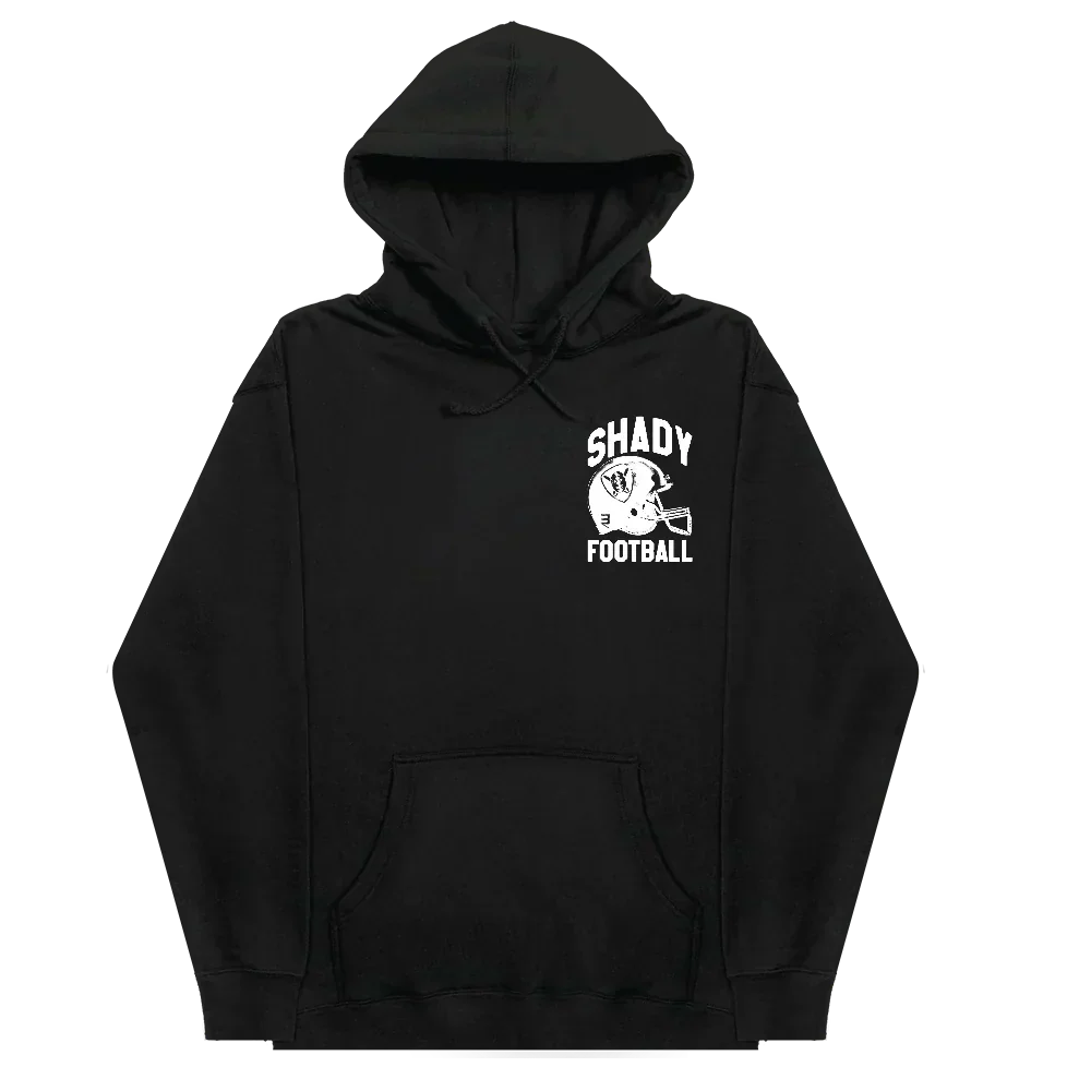 Front of the black Eminem Shady Football hoodie with helmet logo chest print