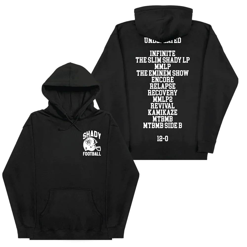 Black Eminem Shady Football hoodie front and back flat lay with album discography list