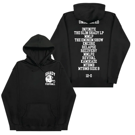 Black Eminem Shady Football hoodie front and back flat lay with album discography list