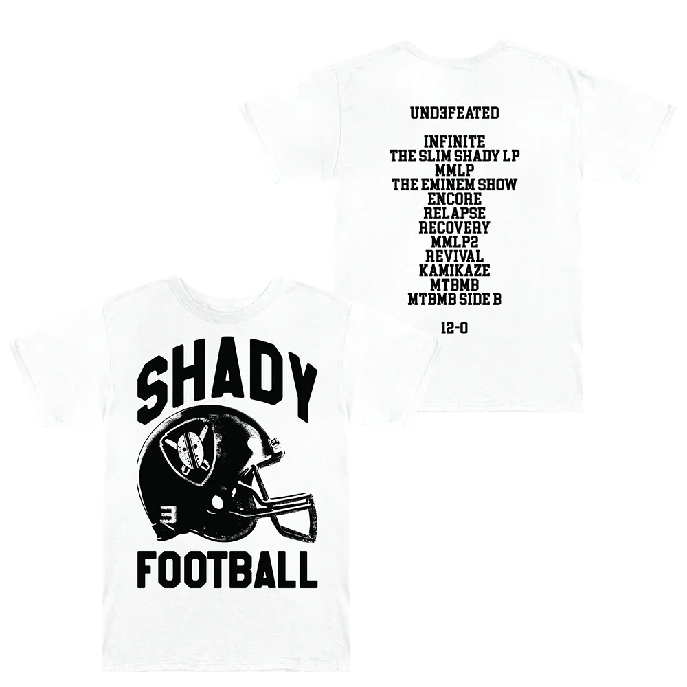 White Eminem Shady Football T-shirt front and back flat lay with helmet and album list